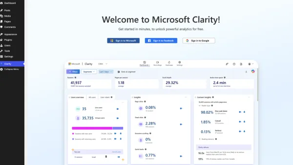 Microsoft Clarity WordPress plugin dashboard showing embedded analytics with session recordings and heatmaps integration.