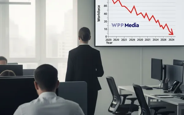 WPP Media workforce decline chart showing dramatic drop