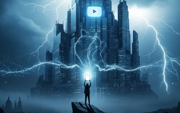 YouTube towers face lightning storm as lone figure holds glowing document demanding data access rights