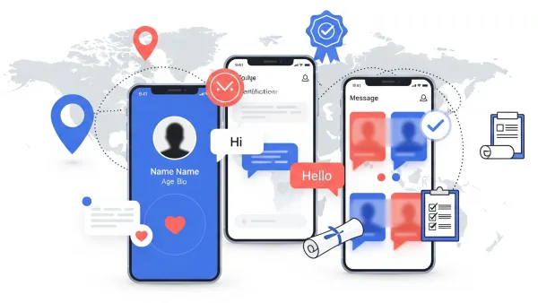 Digital dating app interfaces with certification badges and global policy framework on white background.