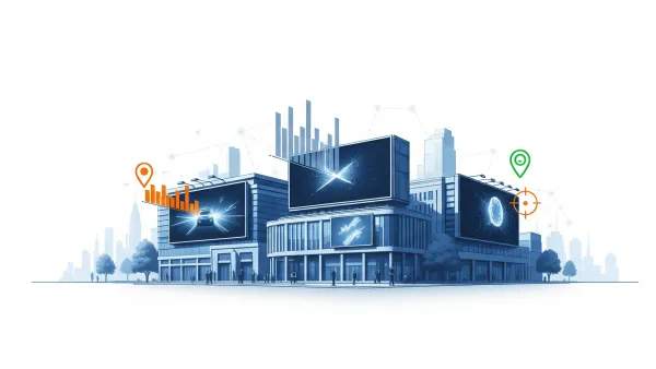Digital billboards display programmatic ads in modern city with data visualization overlay elements