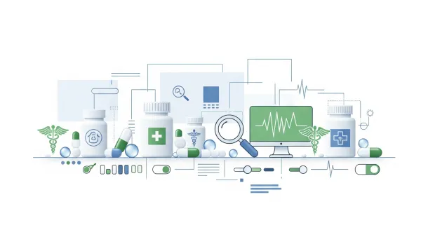 Digital healthcare advertising concept showing prescription drugs, medical symbols, and technology platforms with policy framework elements on white background.