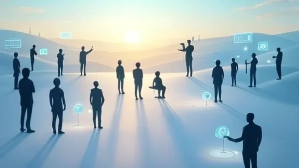 Silhouettes of people interacting with AI interfaces in futuristic landscape representing Meta's vision.