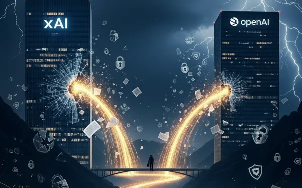 Data streams flow from xAI to OpenAI as silhouetted figure crosses bridge in corporate espionage visual