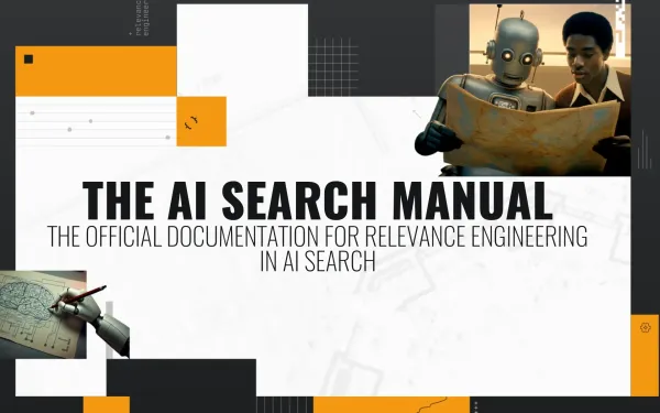 Robot and human studying AI search optimization manual together for digital marketing strategies
