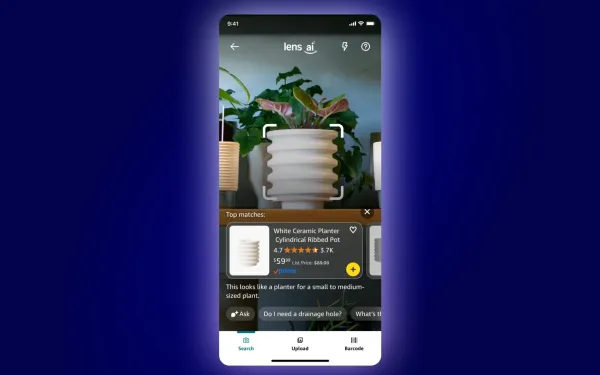 Amazon Lens Live real-time visual search scanning white ceramic planter with AI product matching