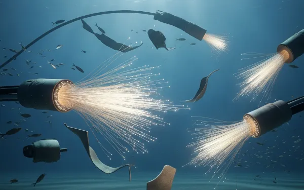 Damaged submarine fiber optic cables underwater showing severed connections and light streams