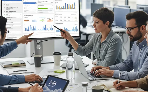 Digital marketing team analyzes iOS 26 tracking data on dashboard screens. AI generated image.