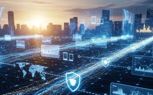 Secure data collaboration streams flow between city skyline with privacy shields and analytics dashboards overlay