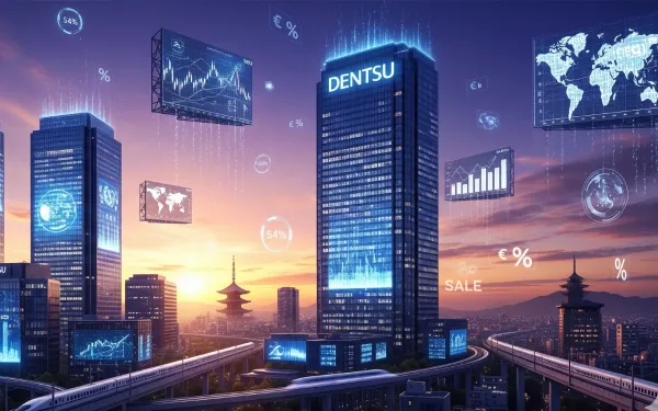 Dentsu headquarters with digital sale metrics floating above futuristic Tokyo skyline at sunset.