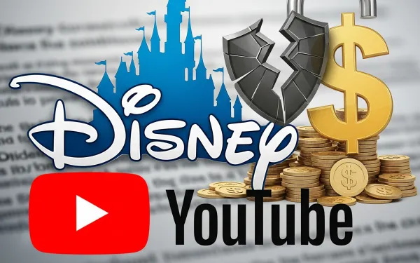 Disney logo with YouTube symbol, dollar signs and broken shield representing $10M COPPA fine for kids privacy
