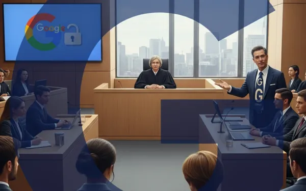 Google courtroom scene showing privacy lawsuit proceedings with judge, attorneys, and security lock symbol