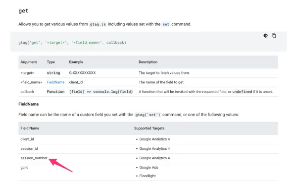 gtag.js get() API documentation showing new session_number field support for Google Analytics 4 tracking