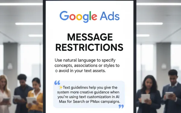 Google Ads message restrictions interface showing text guidelines for AI Max and Performance Max campaigns (AI generated)