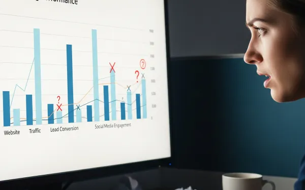 Marketing professional analyzing data quality issues on dashboard showing incomplete metrics with red warning indicators across multiple channels.