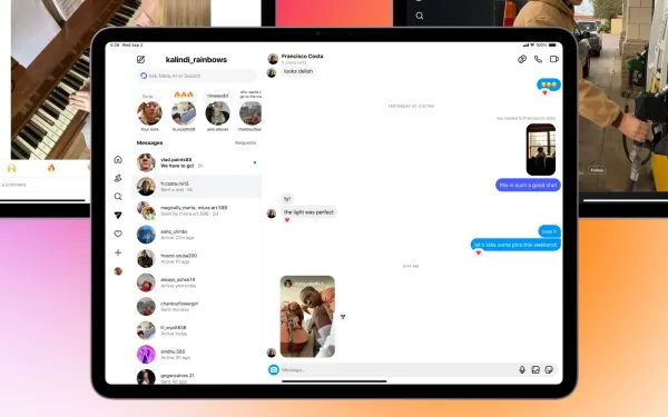 iPad Instagram messaging interface showing enhanced dual-panel layout with conversation list and chat view