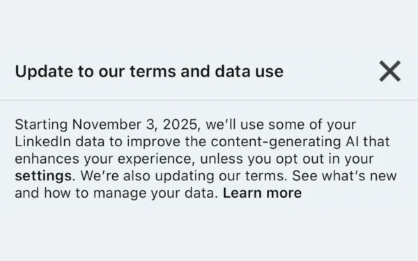 LinkedIn notification banner announcing November 3, 2025 AI training policy changes with opt-out options.