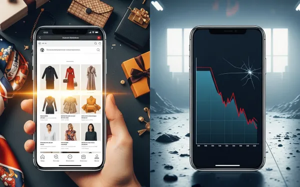 Luxury e-commerce apps show declining sales charts amid industry recession and major platform layoffs
