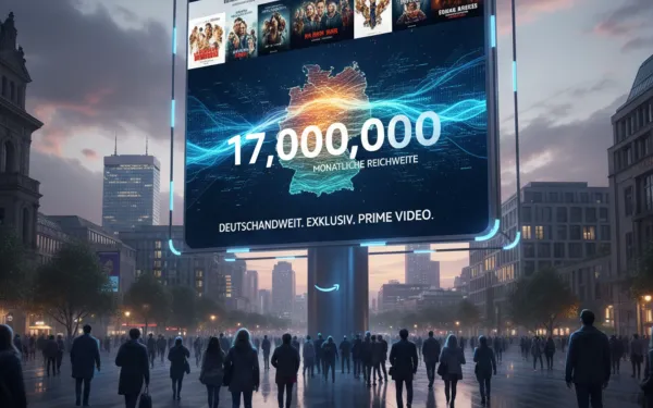 Amazon Prime Video billboard displaying 17 million monthly reach in Germany (AI generated)