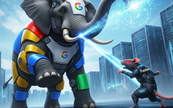 Google elephant with armor faces PubMatic rat in digital city battle. AI-generated antitrust lawsuit imagery.