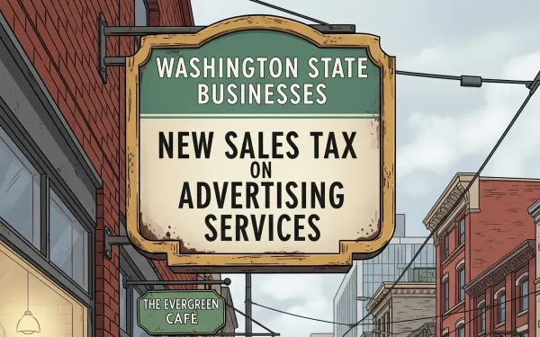 Washington State street sign announcing new sales tax on advertising services. AI generated image.