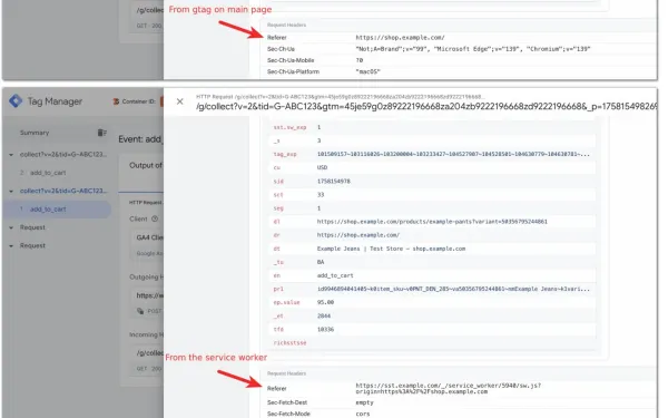 GA4 server-side GTM duplicate events bug shown in Tag Manager debugging interface with HTTP requests