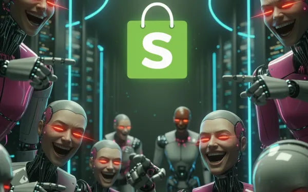 Shopify AI support bots create customer service loops preventing human contact. AI-generated image.