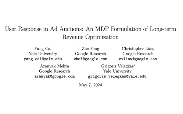 Google Research paper title page showing collaboration with Yale University on ad auction optimization study from May 2024.