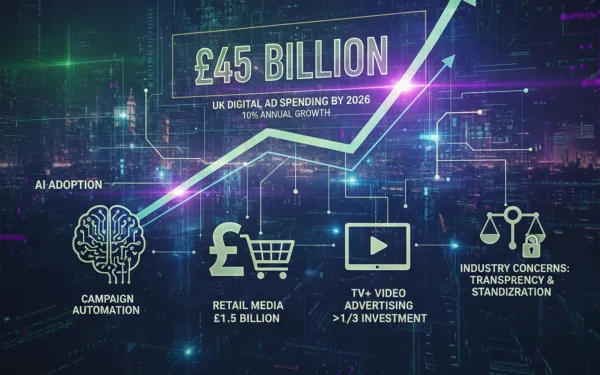 UK digital advertising growth visualization showing £45bn forecast, retail media at £1.5bn, TV+ expansion, and AI automation trends. AI-generated.