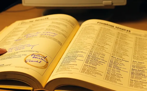 Yellow Pages directory open showing classified ads sections, illustrating Google antitrust precedent. AI generated.