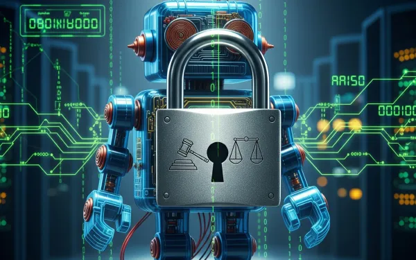 Robot with padlock featuring legal symbols amid digital data streams. AI-generated image.