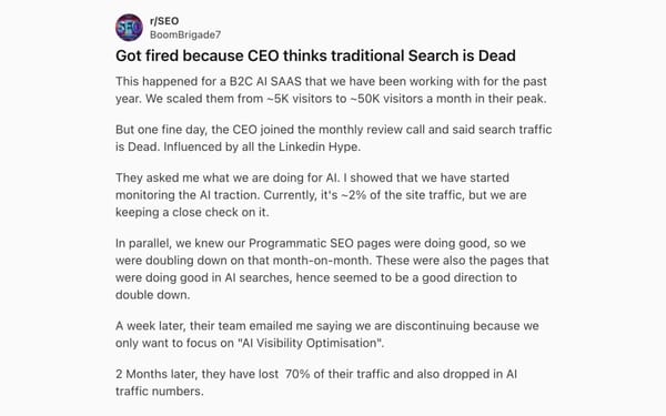SEO professional fired as CEO bets on AI search, traffic drops 70%