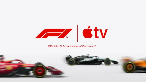 Apple TV and Formula 1 logos with racing cars announcing exclusive U.S. broadcast partnership deal