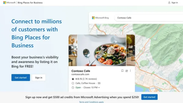 Microsoft Bing Places for Business platform showing Contoso Cafe listing with photos, ratings, and map integration