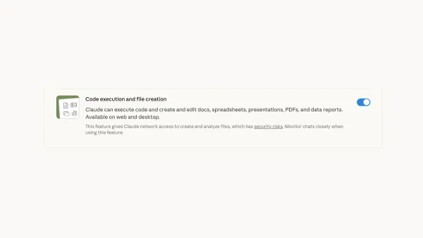 Claude file creation toggle in settings showing code execution and document generation capabilities enabled