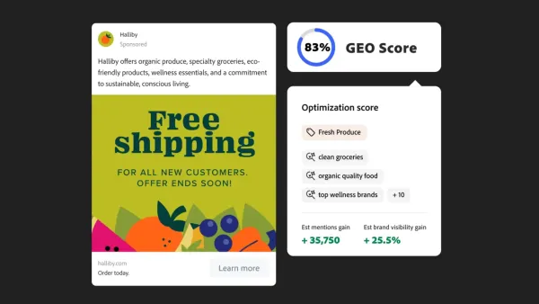 Adobe LLM Optimizer interface showing 83% GEO score with optimization recommendations and visibility metricsRetry
