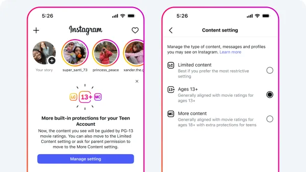 Instagram Teen Account content settings showing PG-13 rating options and parental controls for age restrictions.