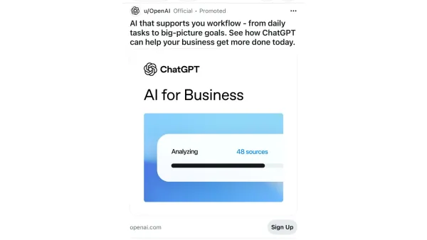 OpenAI Reddit advertisement promoting ChatGPT AI for Business with analyzing dashboard showing 48 sources.