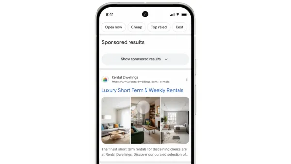 Mobile search showing collapsed sponsored results with Show sponsored results button under Sponsored results header