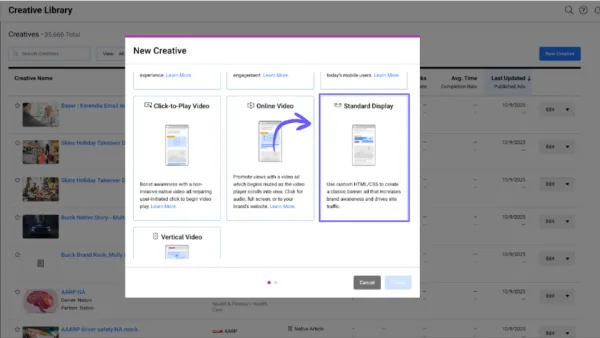 Nativo Creative Library interface showing Standard Display ad format selection option
