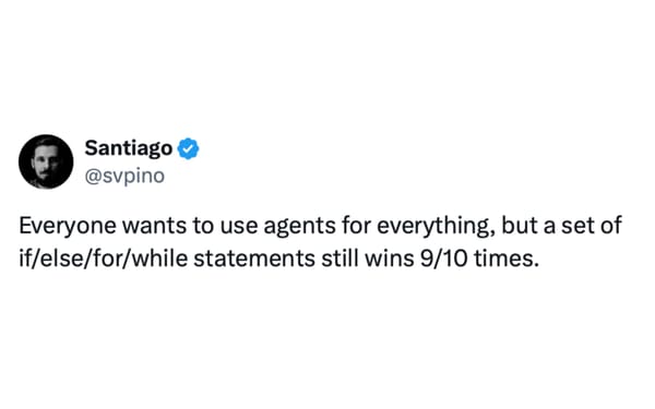 Santiago's X post stating traditional code beats AI agents 9/10 times in programming tasks.Retry