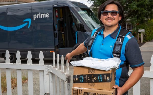 Amazon delivery driver wearing smart glasses with AI computer vision technology for package tracking