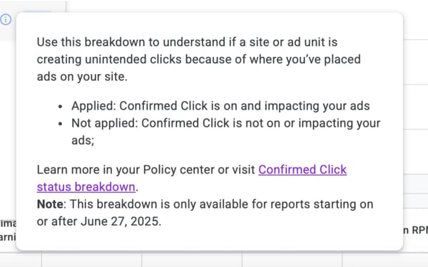 Confirmed Click status breakdown showing Applied and Not applied values in AdSense reporting interface