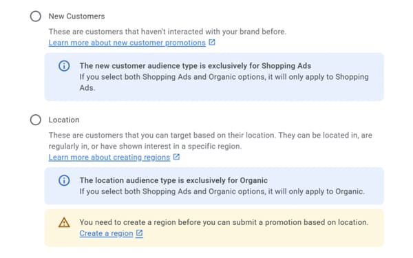 Google Merchant Center promotion audience settings showing new customer and location targeting options
