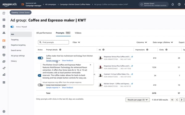 Amazon launches free AI prompts for sponsored ad campaigns