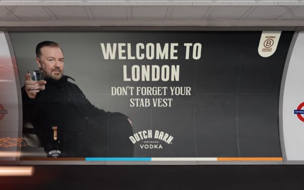 Ricky Gervais Dutch Barn vodka ad reading "Welcome to London don't forget your stab vest" on display