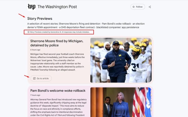 AI-generated story previews on Washington Post's Google News page with disclaimer and article links
