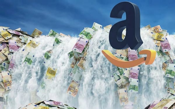 Amazon logo floating on wave of euro banknotes symbolizing ad revenue growth