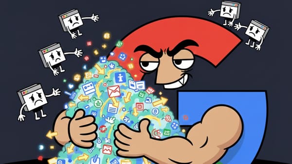 Cartoon Google G logo greedily hoarding web traffic while sad website icons reach out desperately.