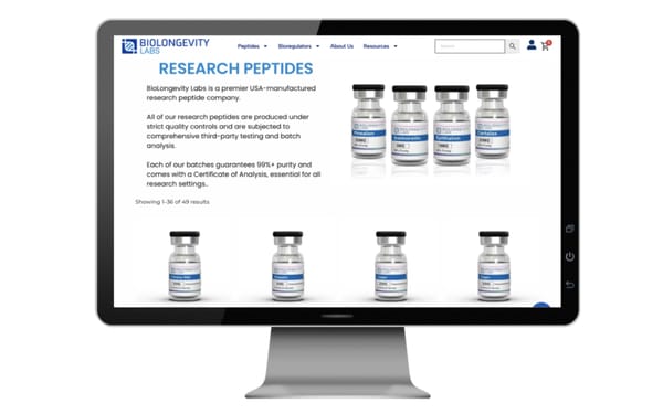 Research peptides website displaying vials marketed for laboratory use with purity claims